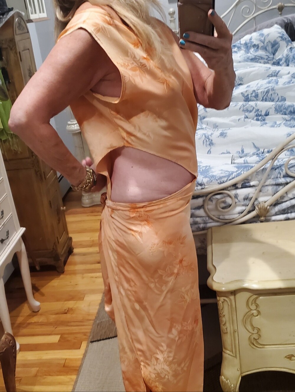 S NWOT Silk Kimono Dress Peach Coral Tie Back Cut Outs Summer Party Wedding OOAK